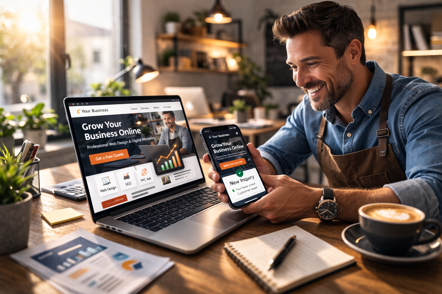 Successful business owner confident with modern professional website