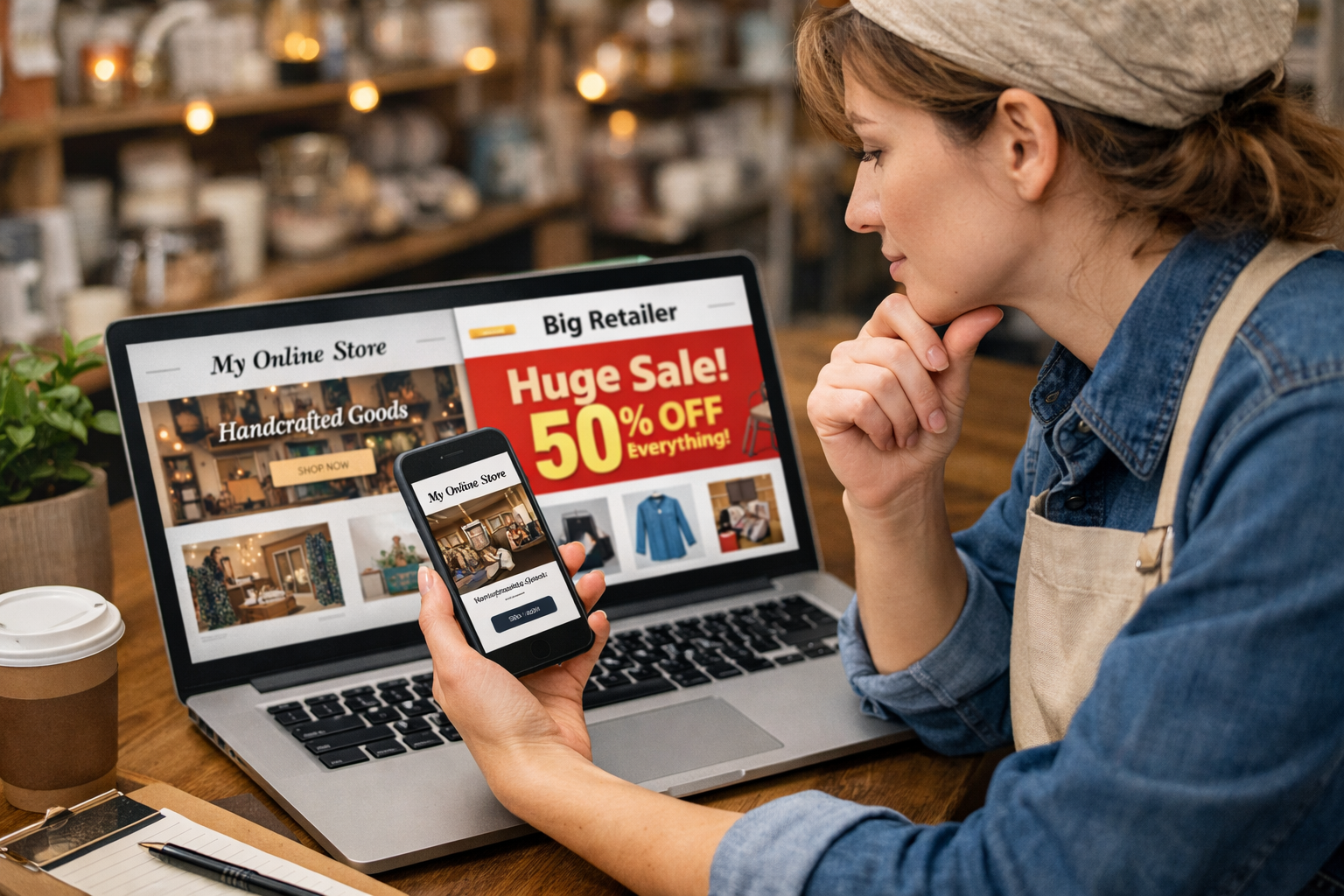 Small business owner working on website